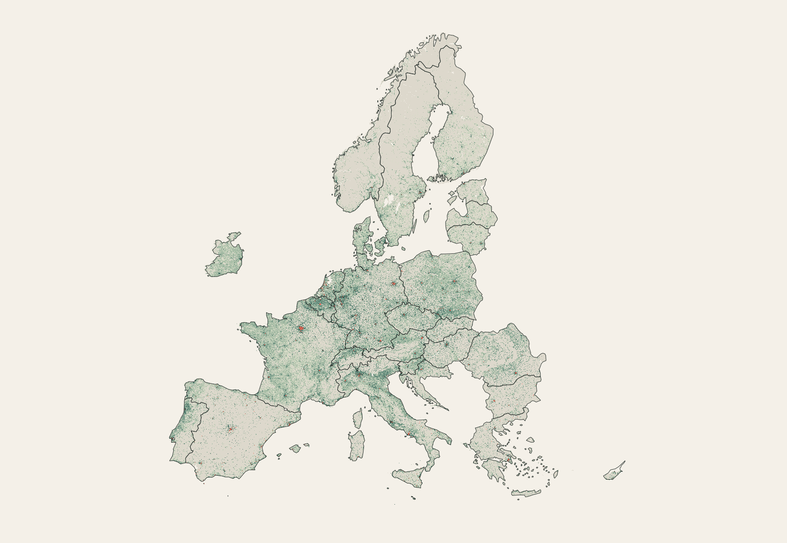 Population in one-kilometre grid squares across the 30 countries in the Eurostat dataset, with the densest cells concentrated around major cities and urban corridors.