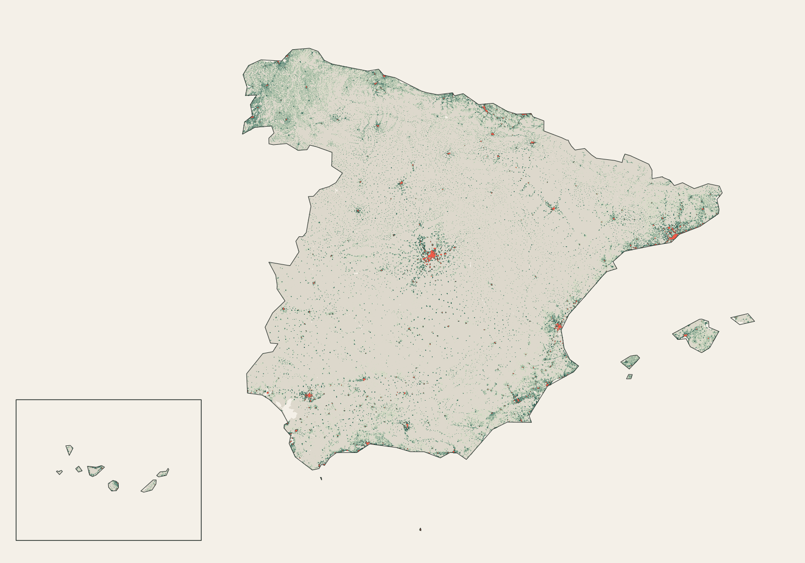 One-kilometre population grid of Spain, including a Canary Islands inset, showing dense cells around Madrid, Barcelona, Valencia, the north coast, Galicia and Andalusia and sparse cells across much of the interior.
